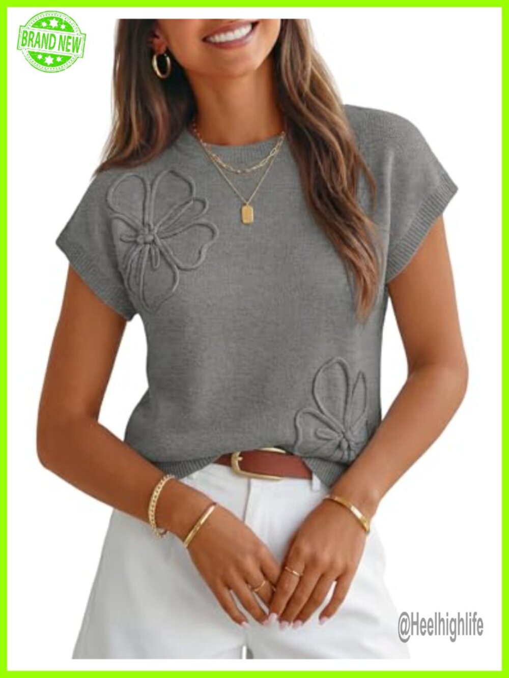 Floral 3D Knit Sweater Vest, Cap Sleeve, Ribbed Trim, Spring Summer